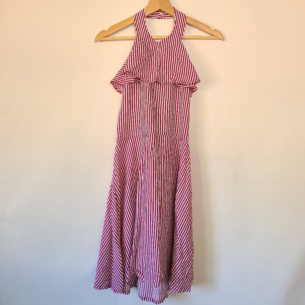 Lotus Burgundy White Striped Halter Ruffle Maxi Dress Open Back One Size
